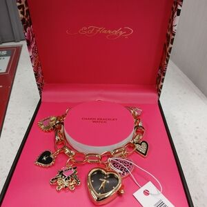 Ed Hardy Gold and Black Charm Bracelet Watch